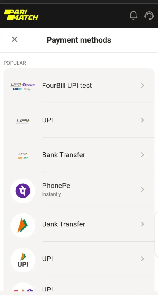 Parimatch payment methods