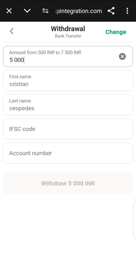 Parimatch withdrawal page