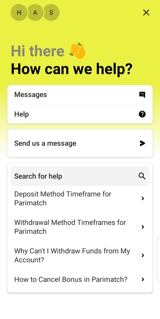 Parimatch help page