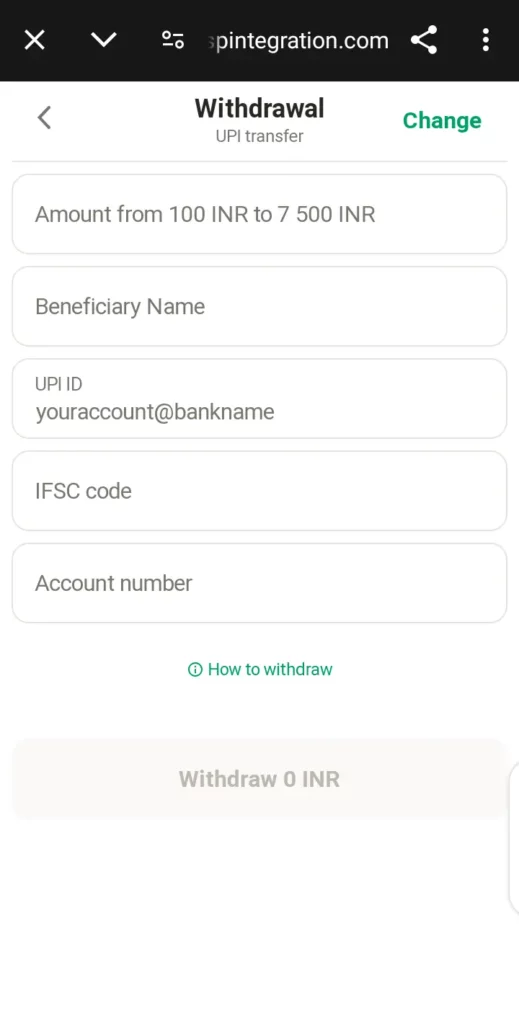 Parimatch UPI transfer withdrawal method