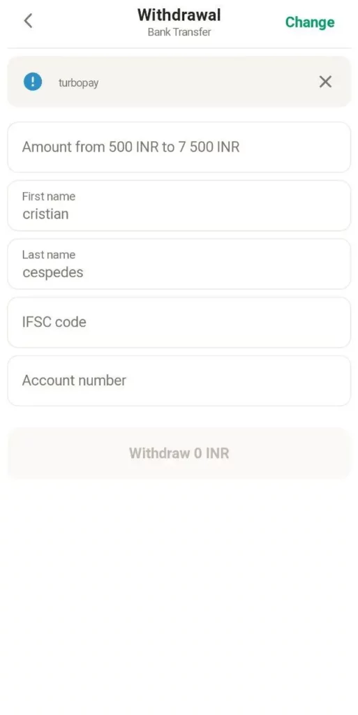 Parimatch Bank Transfer withdrawal method