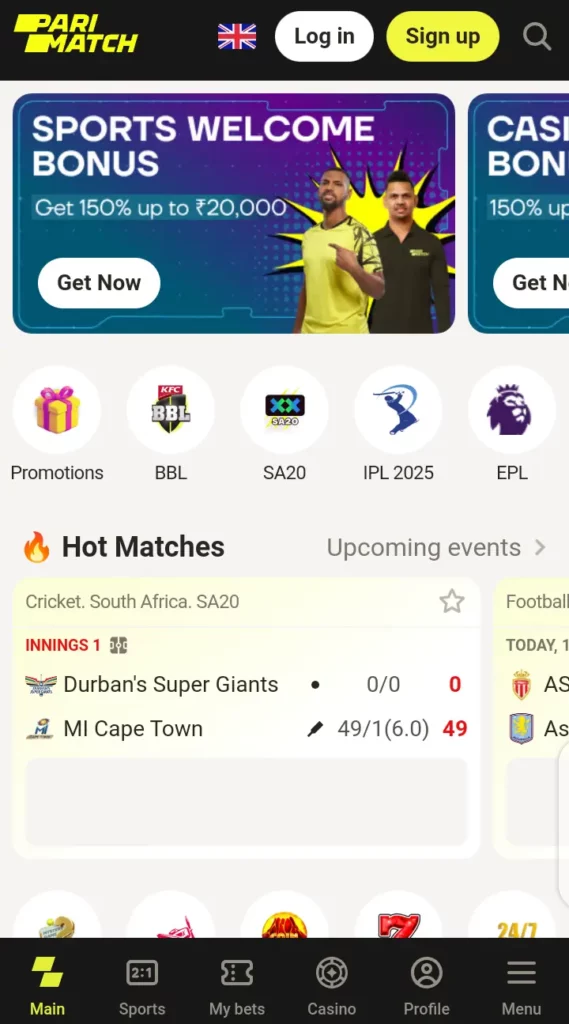 Parimatch mobile app homepage
