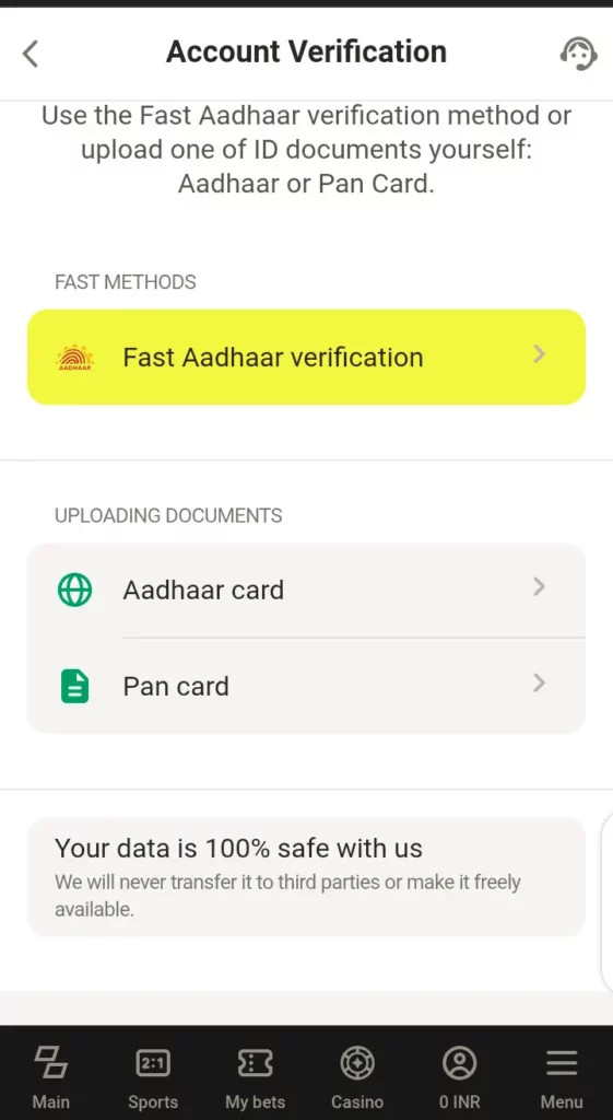 Parimatch account verification page