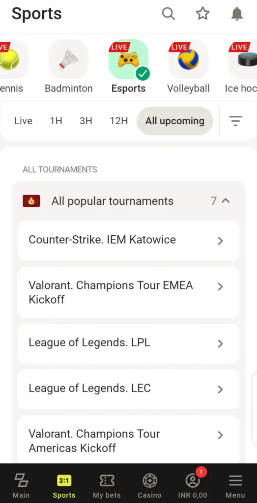 Esports Betting tournaments on Parimatch app