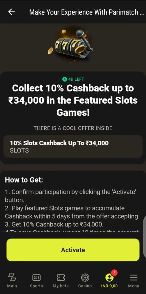 Slot cashback promotion details