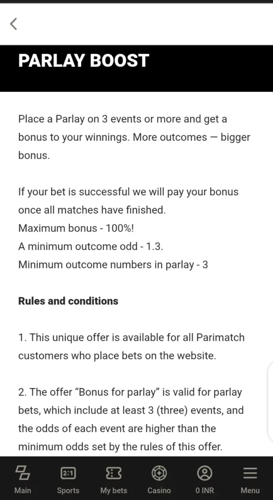 Parimatch sports parlay boost promotion