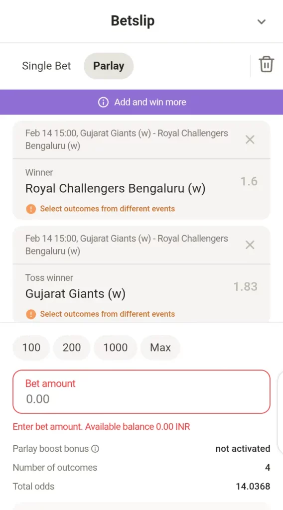 Parimatch cricket bet slip