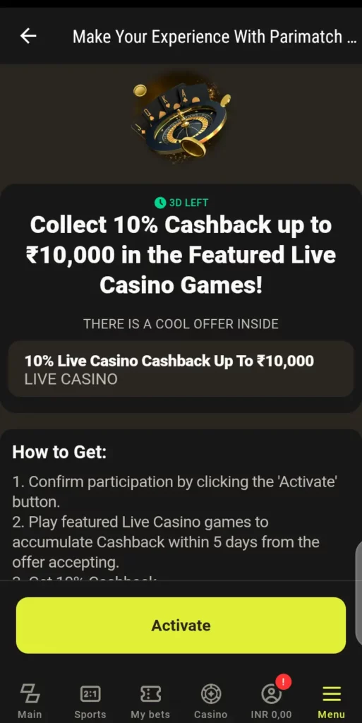 Live cashback promotion details 