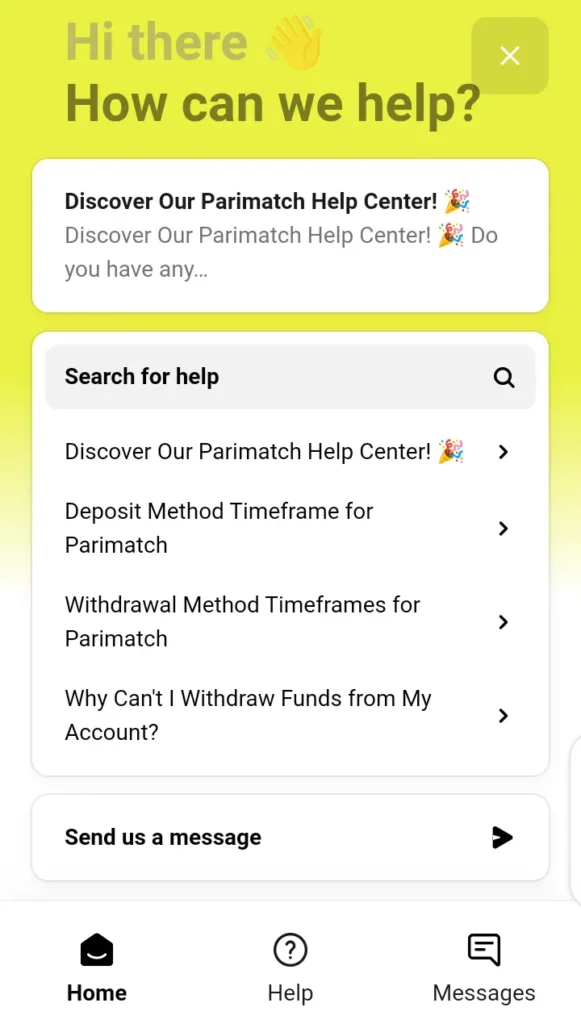 Parimatch customer support page