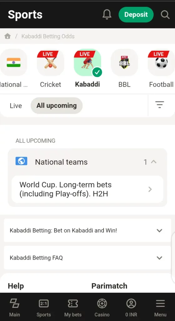 Parimatch kabaddi betting under sports