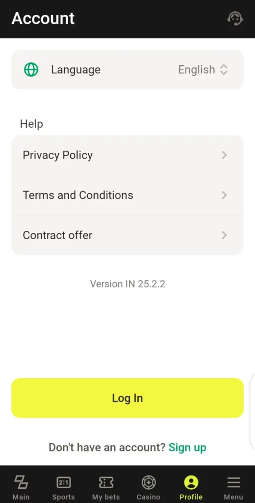 Parimatch app signup/login page