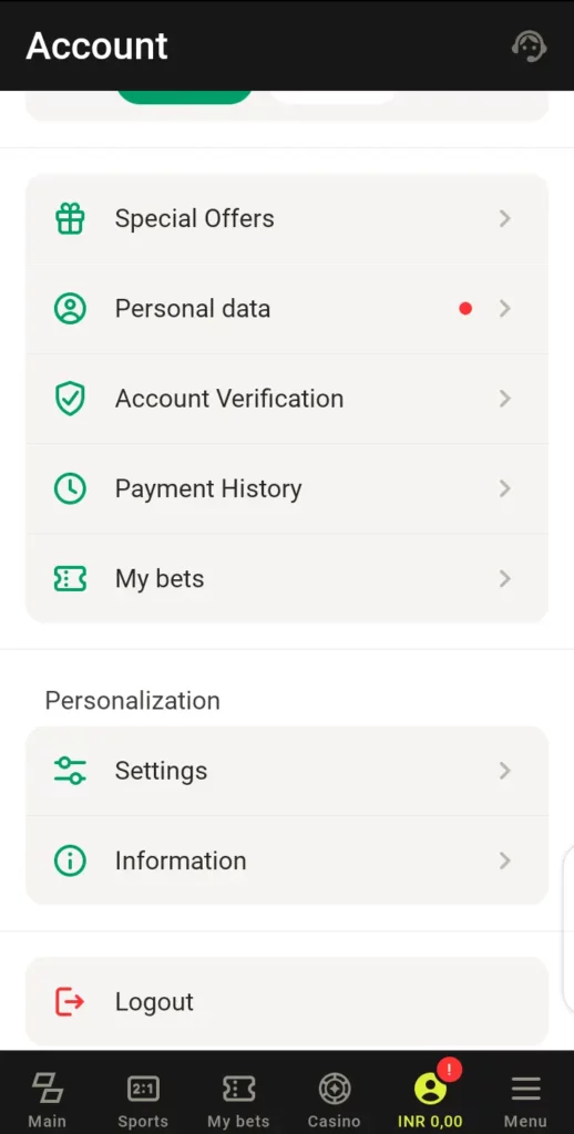 Parimatch account page
