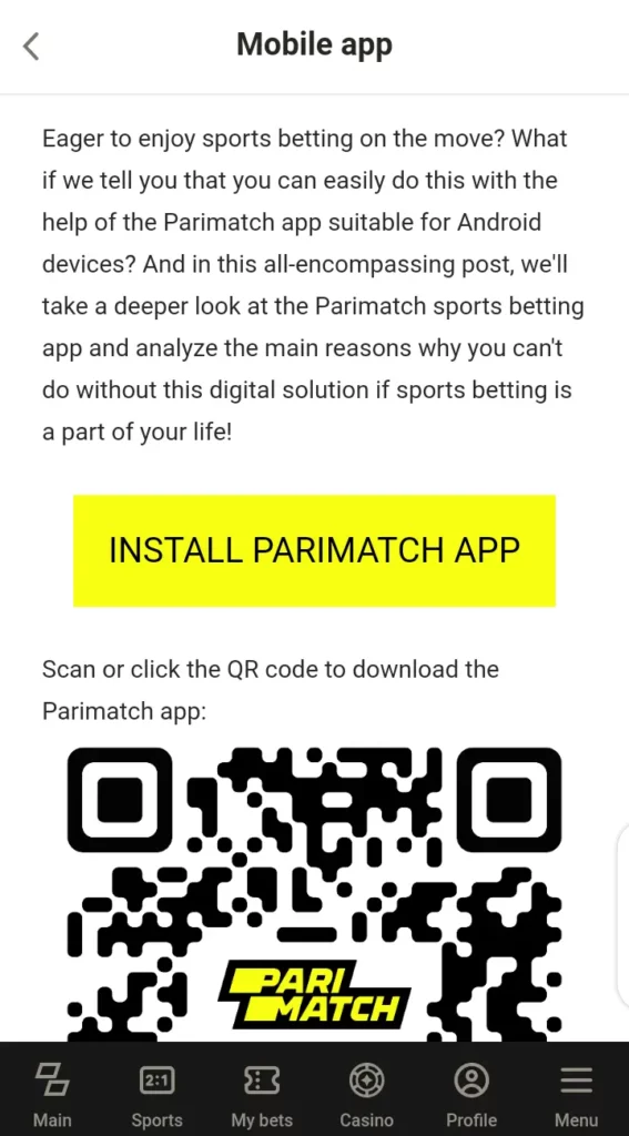 Parimatch app download page