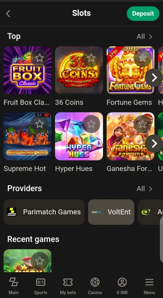 Parimatch slots lobby