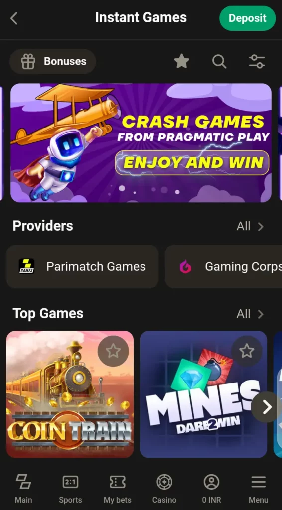 Parimatch instant games lobby