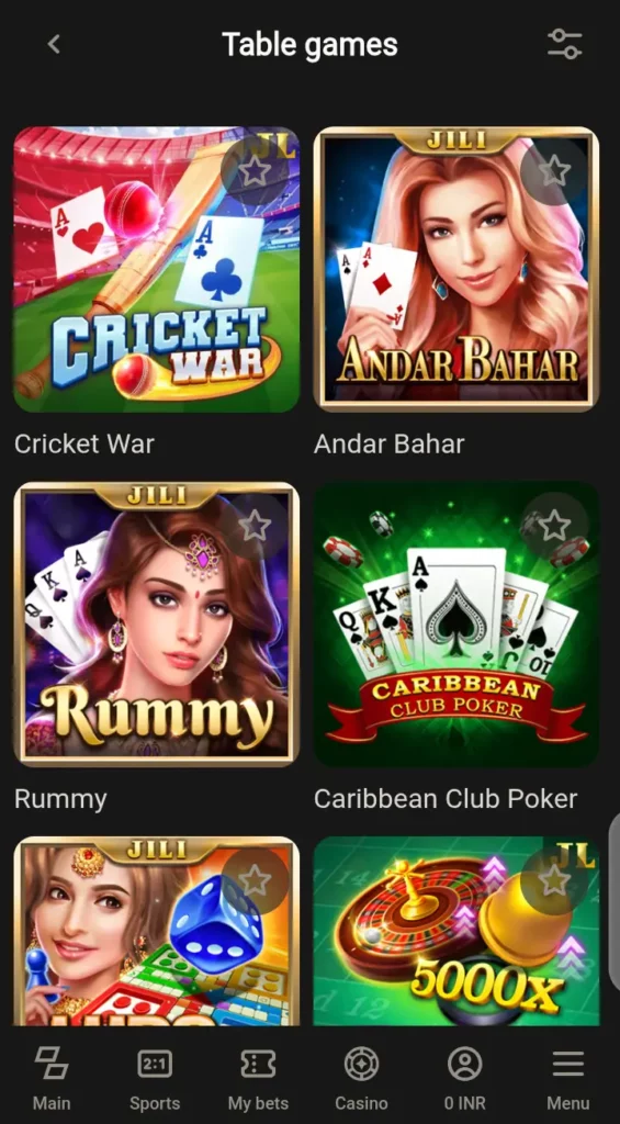 Parimatch table games lobby