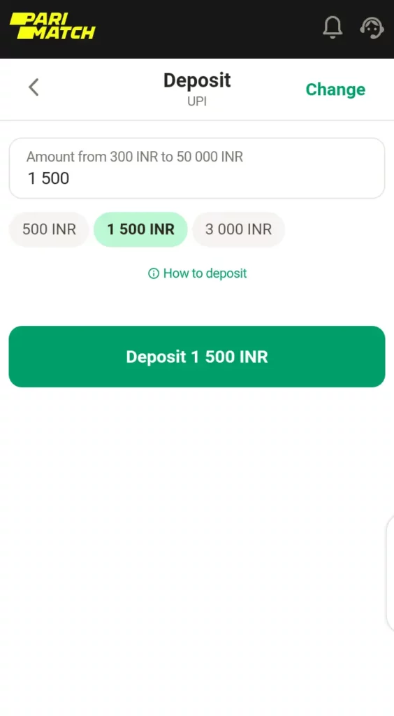 Parimatch deposit page