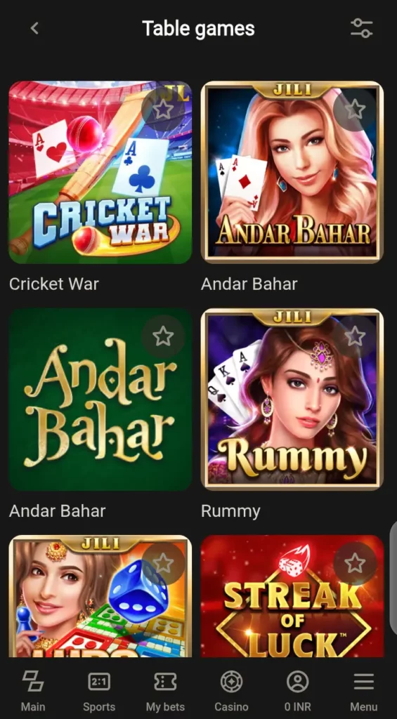 Parimatch table games