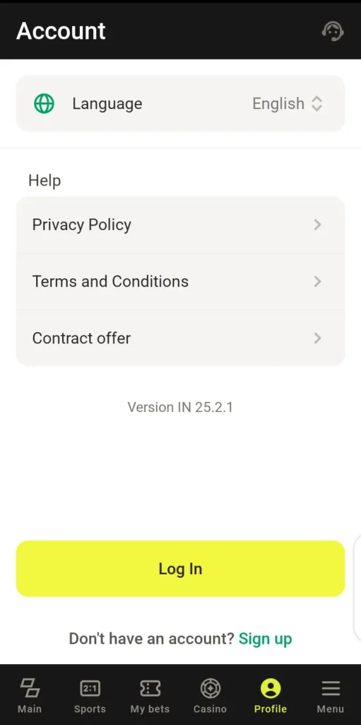 Parimatch app sign up/log in page