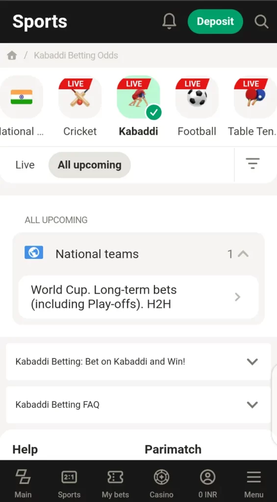 Parimatch kabaddi betting section