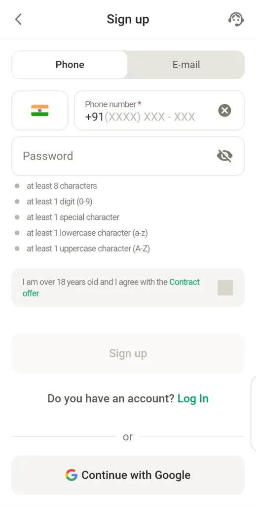 Parimatch sign up page