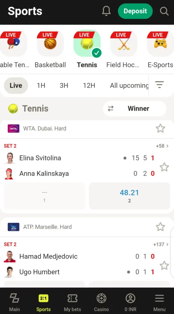 Parimatch tennis betting section