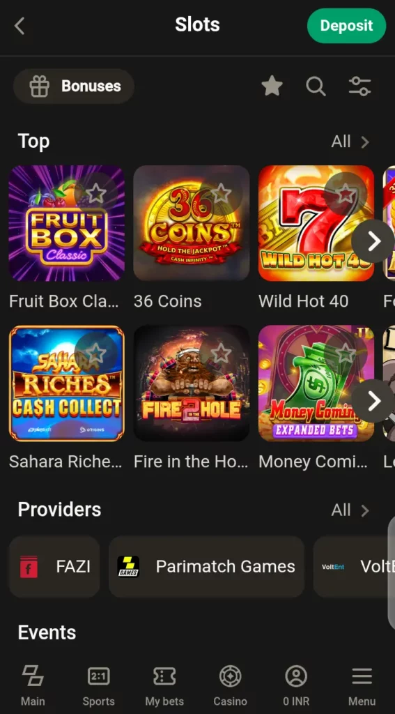 Parimatch slots section