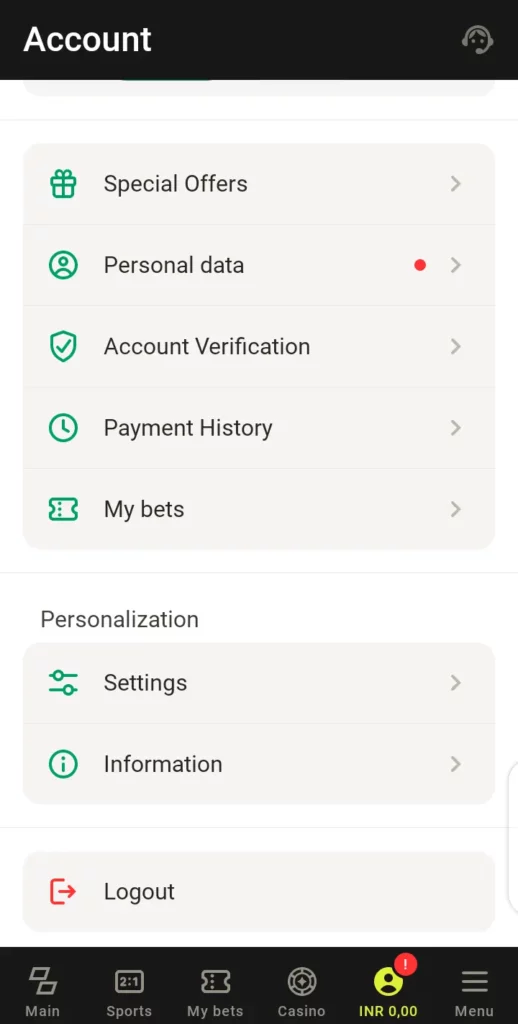 Parimatch account page