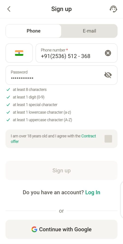 Parimatch signup page