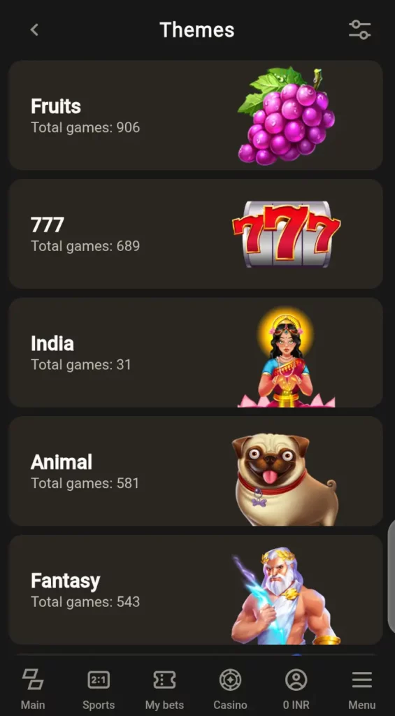 Parimatch slot theme categories