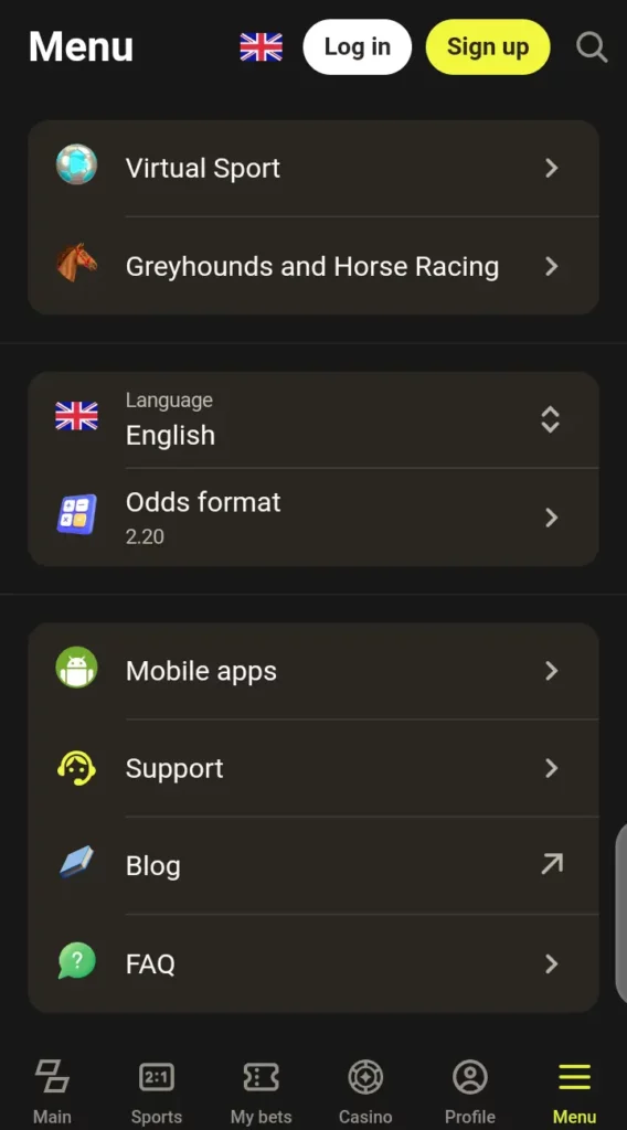 Parimatch menu page