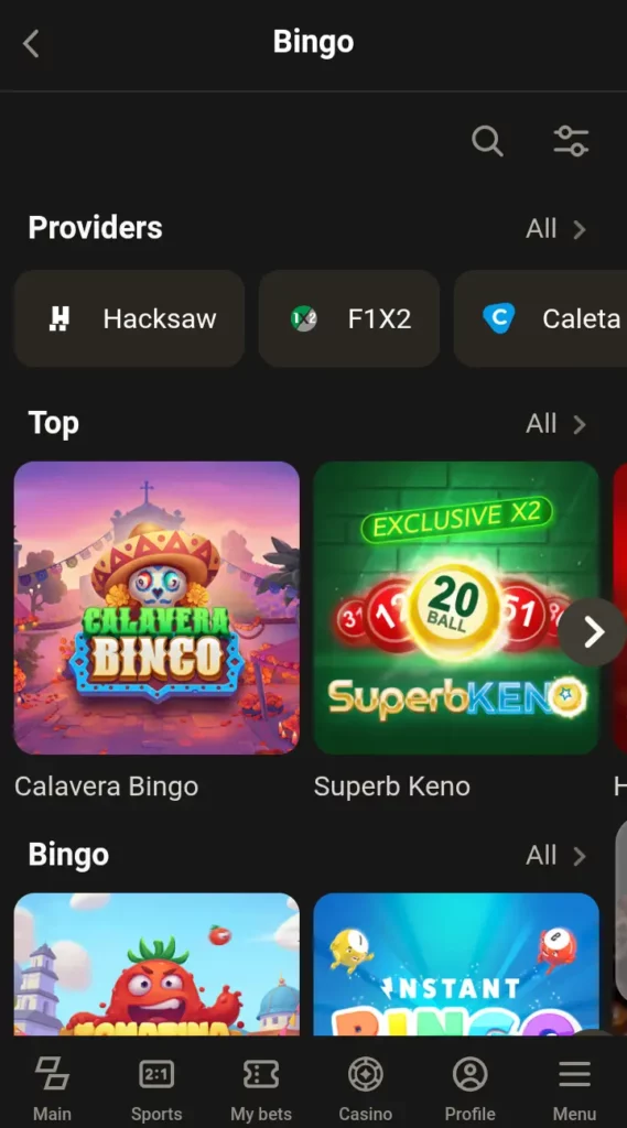 Parimatch bingo lobby