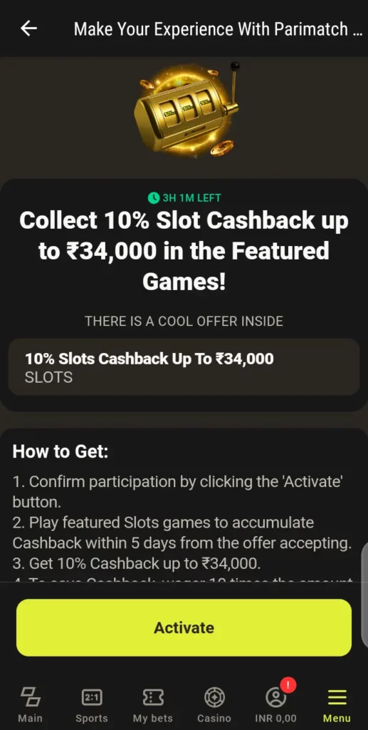 Parimatch cashback promotion