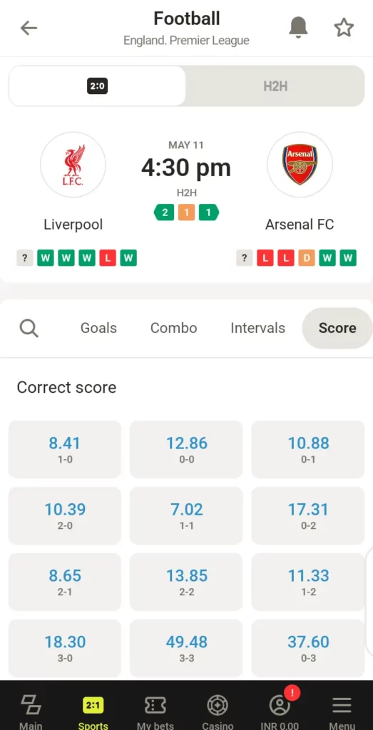 Parimatch football correct score
