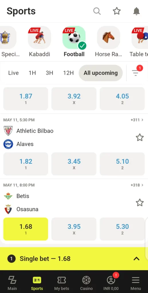 Parimatch single bet
