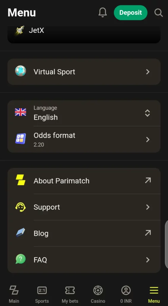Parimatch menu