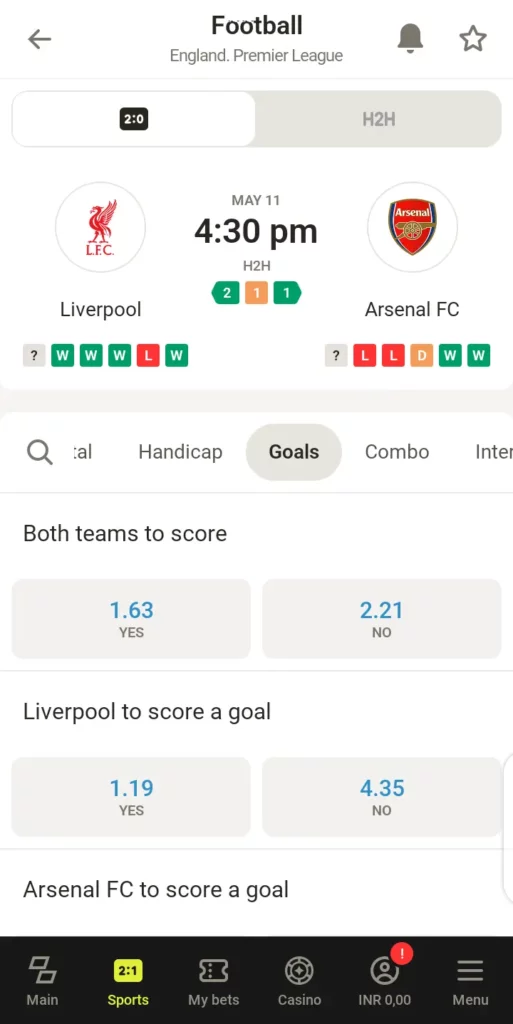 Parimatch football goals market