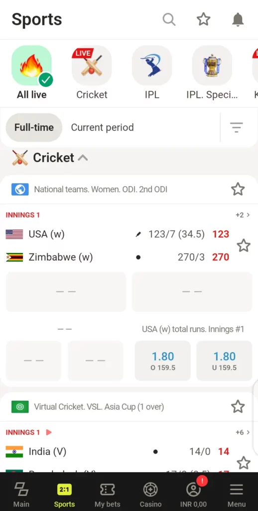 Parimatch in-play market