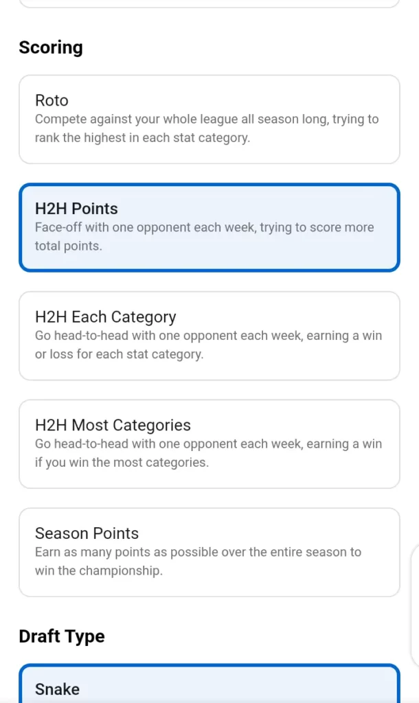Fantasy cricket Head-to-head categories