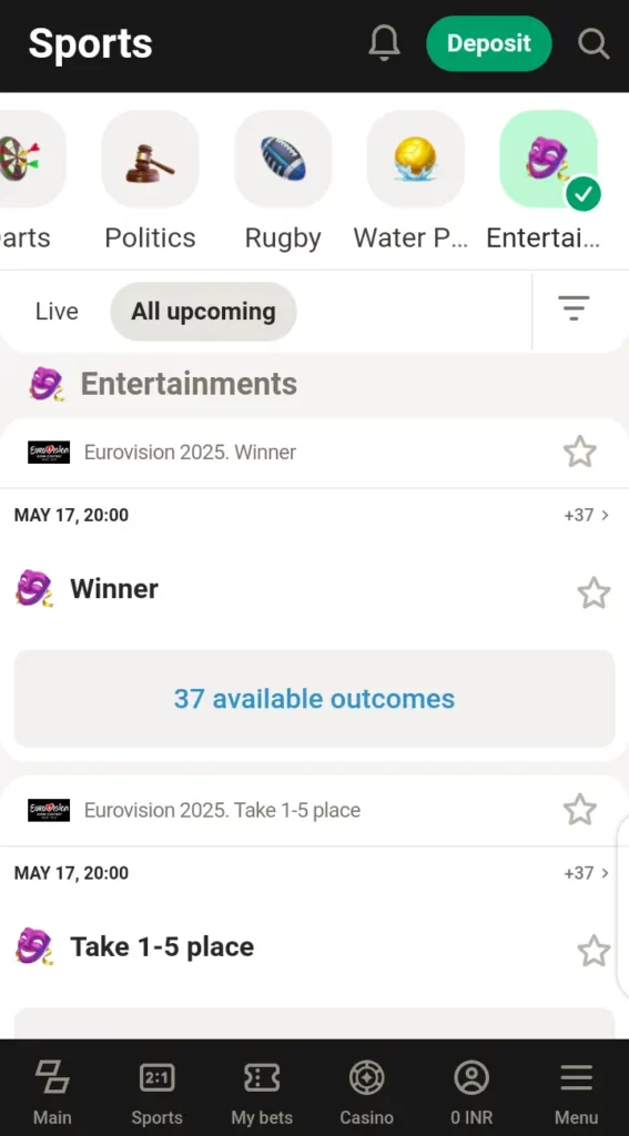 Parimatch entertainment betting market