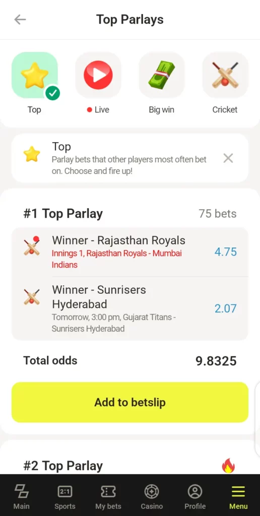 Parimatch top parlay