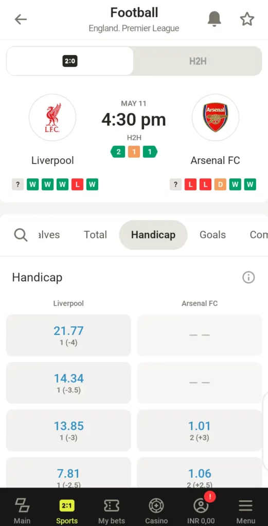 Parimatch handicap market