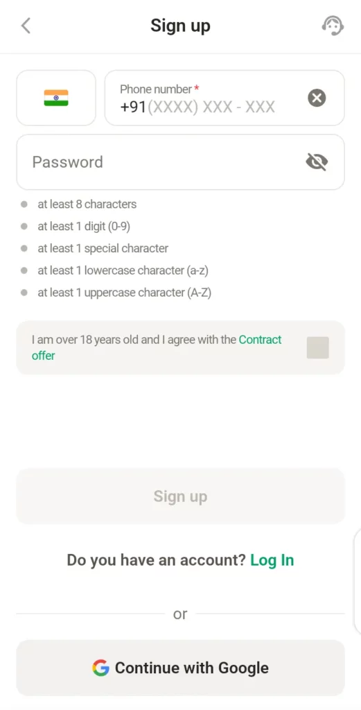 Parimatch’s signup page
