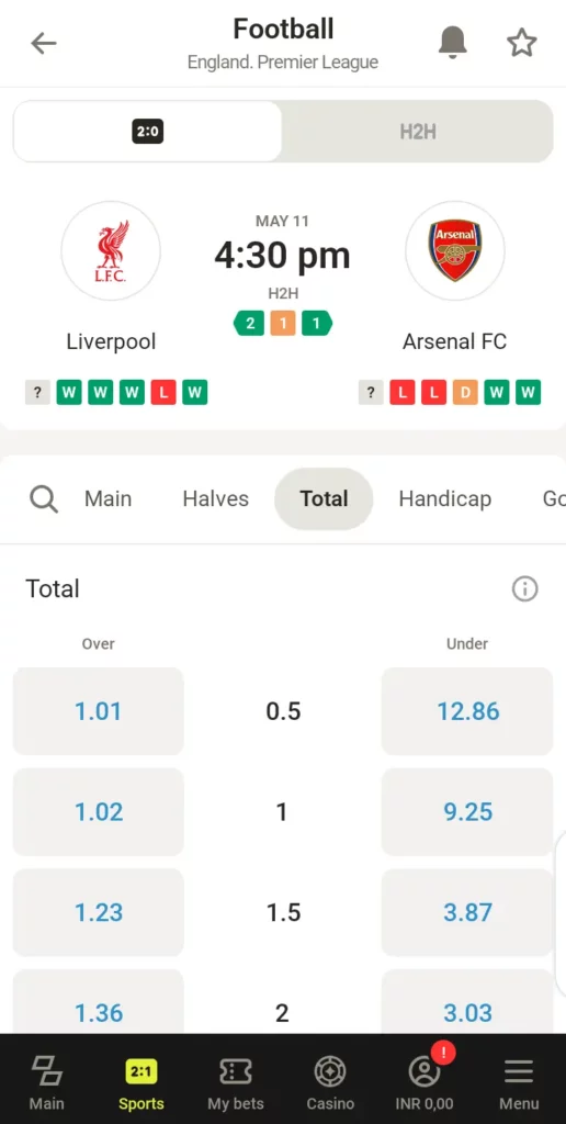 Parimatch football over/under