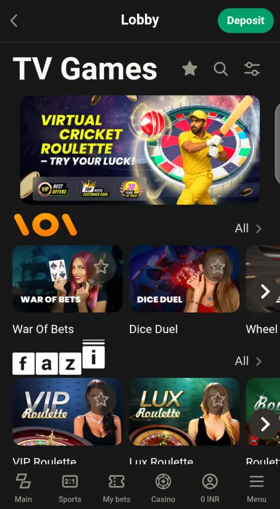 Parimatch TV Games lobby