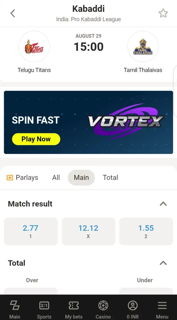Kabaddi market on Parimatch