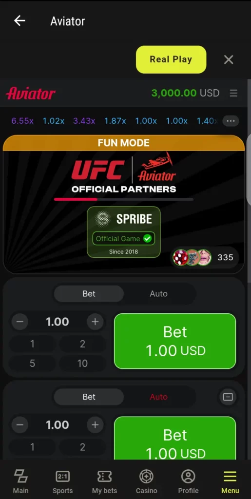 Parimatch Aviator bet interface