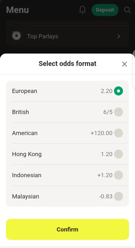 Parimatch odds format section