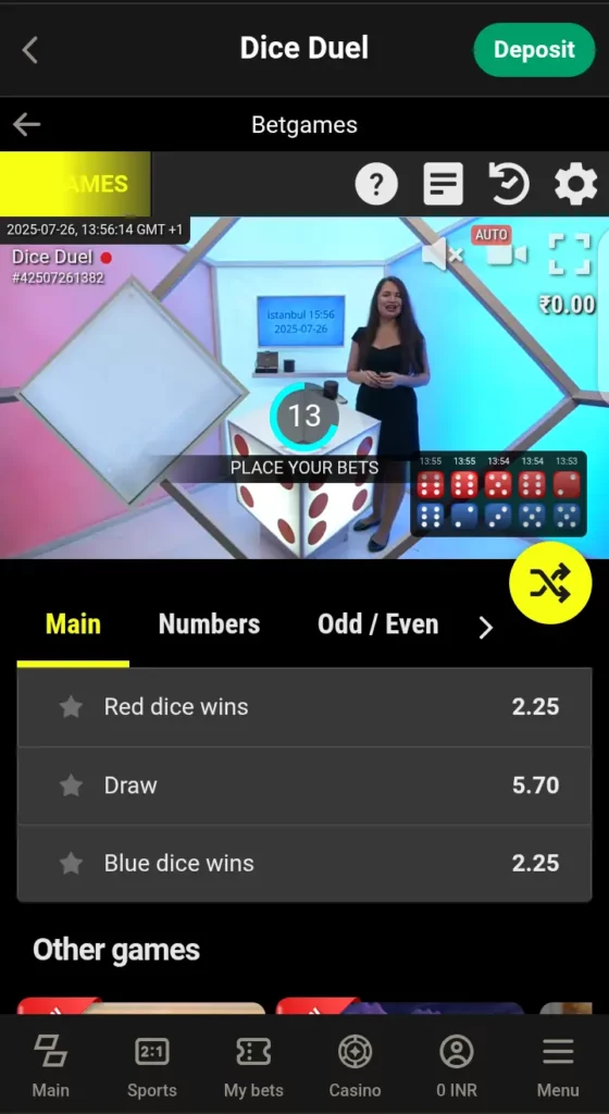 Dice duel on Parimatch