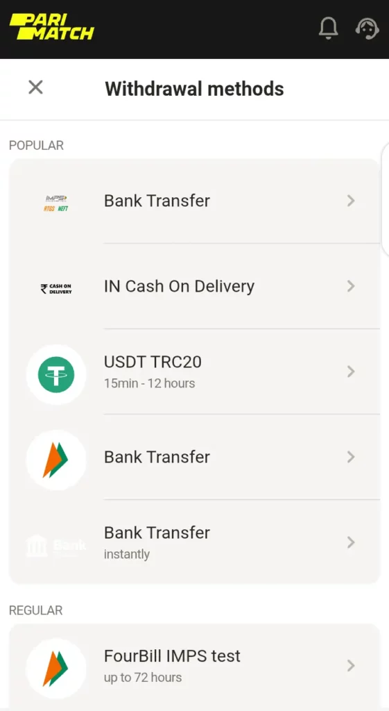 Withdrawal methods on Parimatch